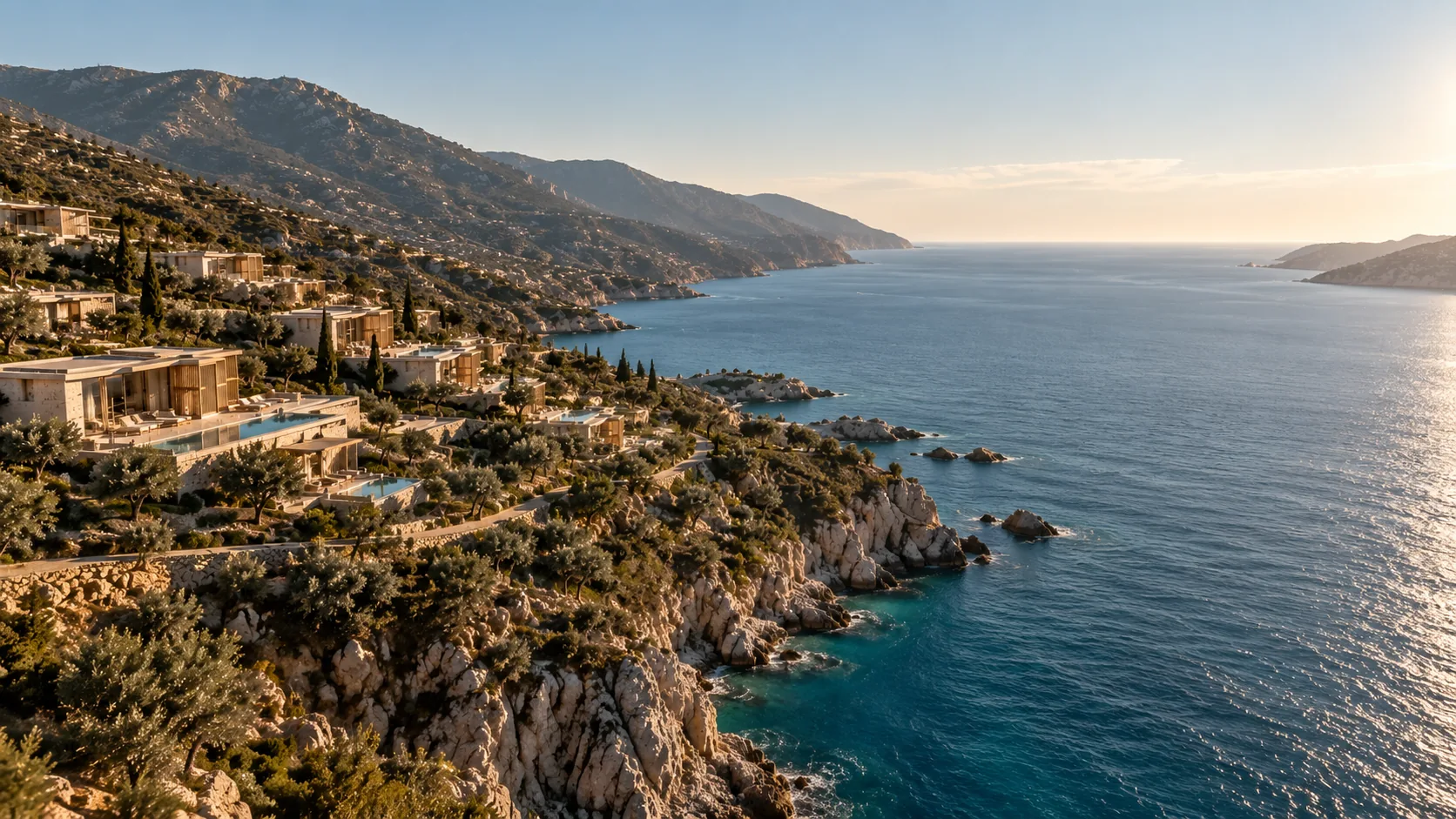 The coast from above: the residences among olive groves on a rocky headland, the open sea beyond. A computer-generated visualisation.
