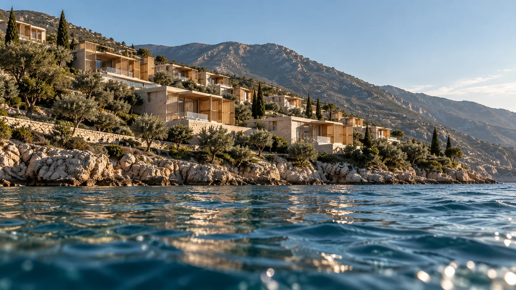 The residences seen from the water: stone and olive trees on a rocky shore, mountains behind.