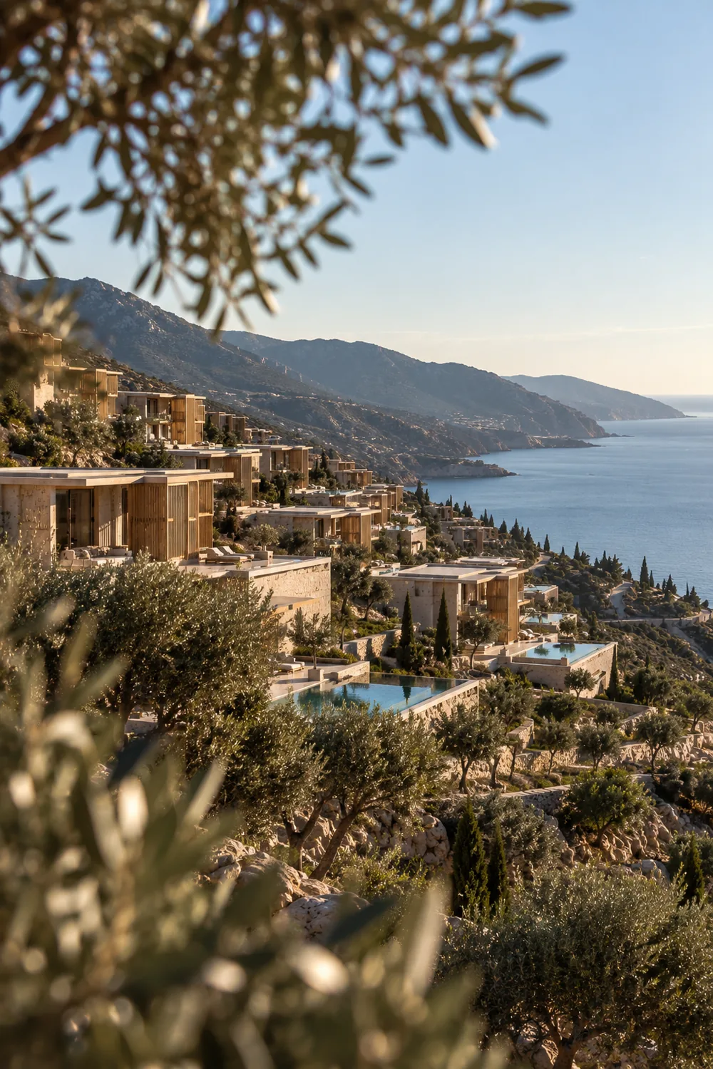 The terraces seen through olive branches, the coast and the sea beyond.