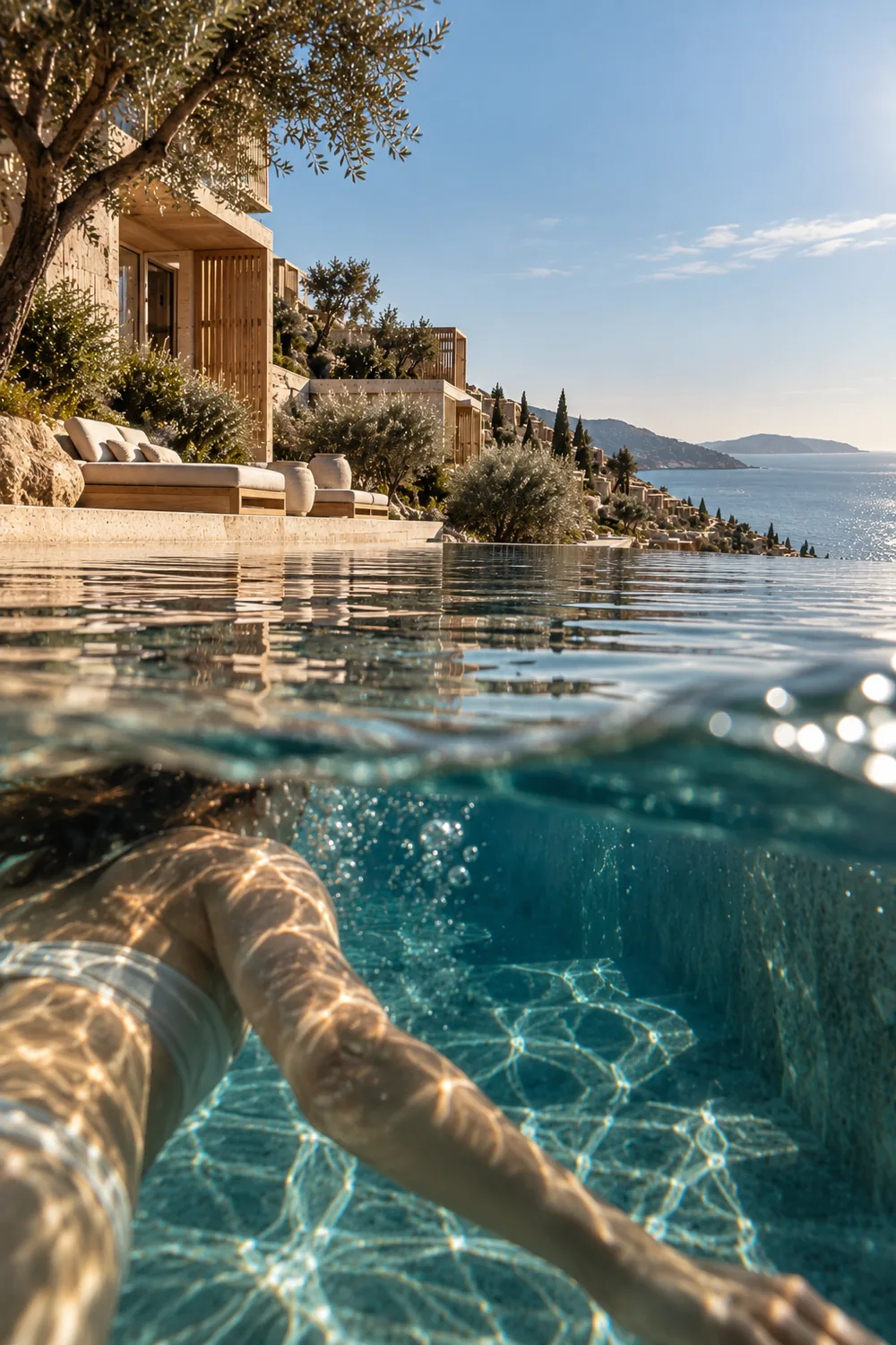 Swimming in the infinity pool, the water line splitting the view between the pool floor and the coast.