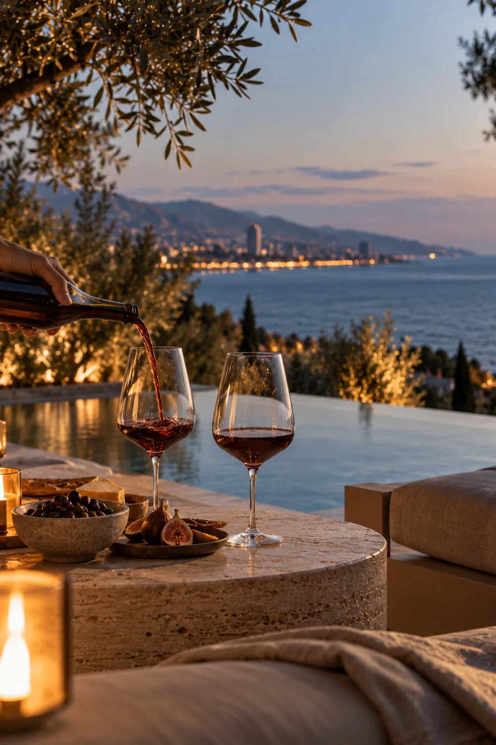 Red wine poured at the pool edge at golden hour, the town lights across the bay.