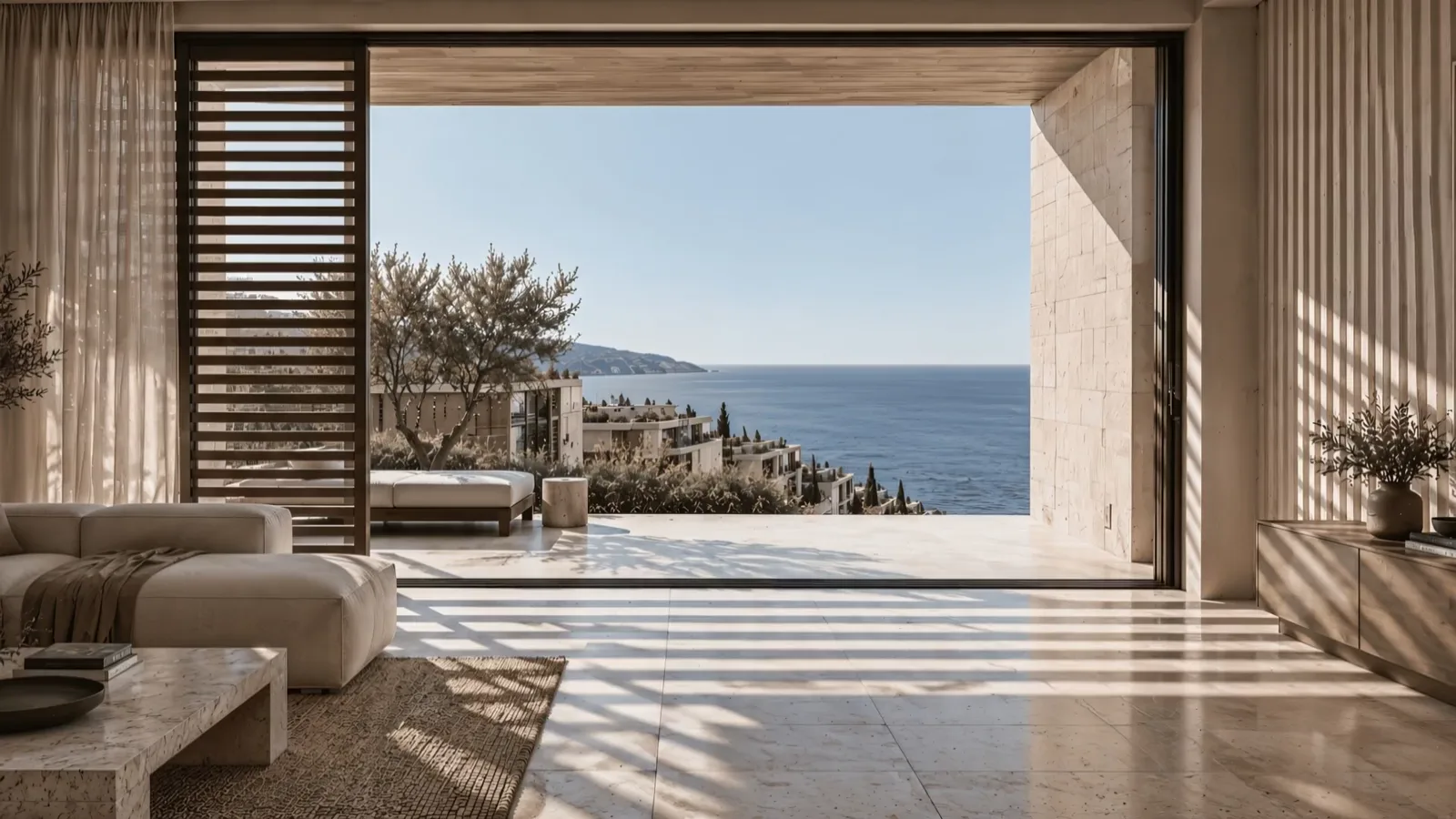 A living room open to a stone terrace and the sea; timber louvres throw bars of morning light across the floor. A computer-generated visualisation.