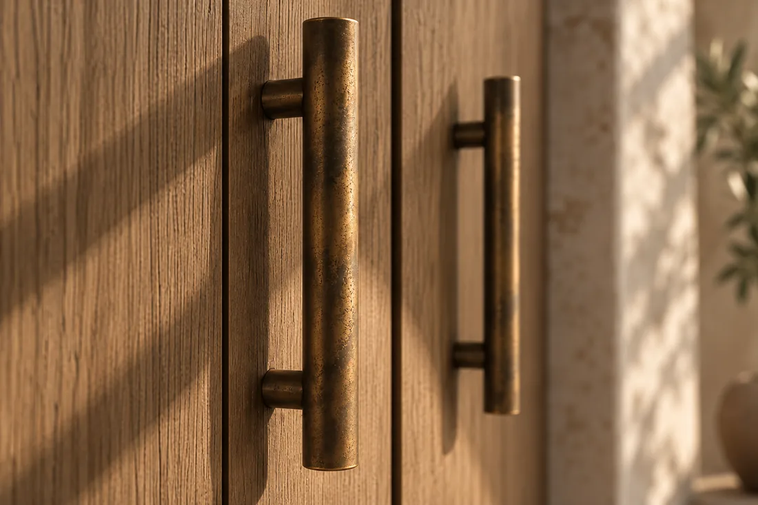 Two unlacquered bronze pull handles on oak doors.