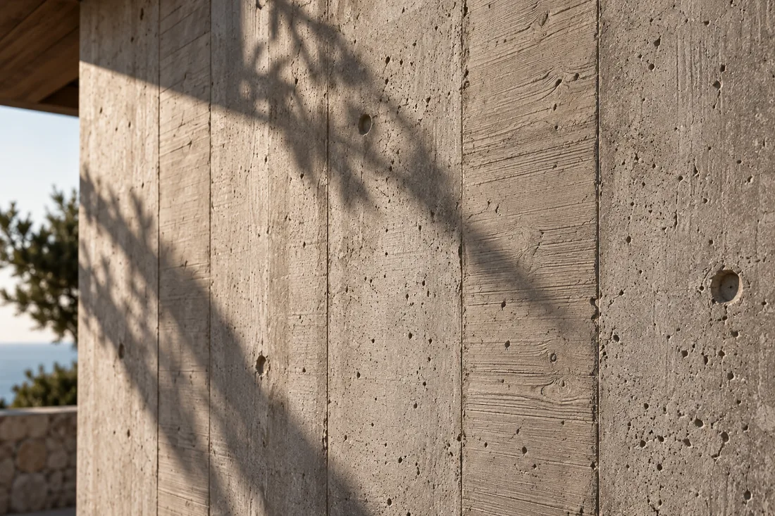 Board-formed concrete wall, the timber grain printed in its surface, leaf shadows.