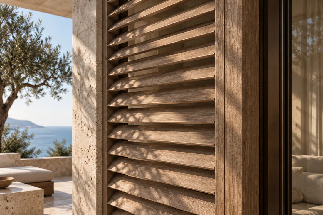 Oiled oak louvres set into a travertine frame, an olive tree and the sea behind.