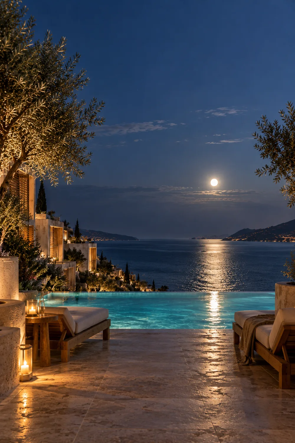 The moon over the sea, its reflection running across the lit infinity pool and the deck.