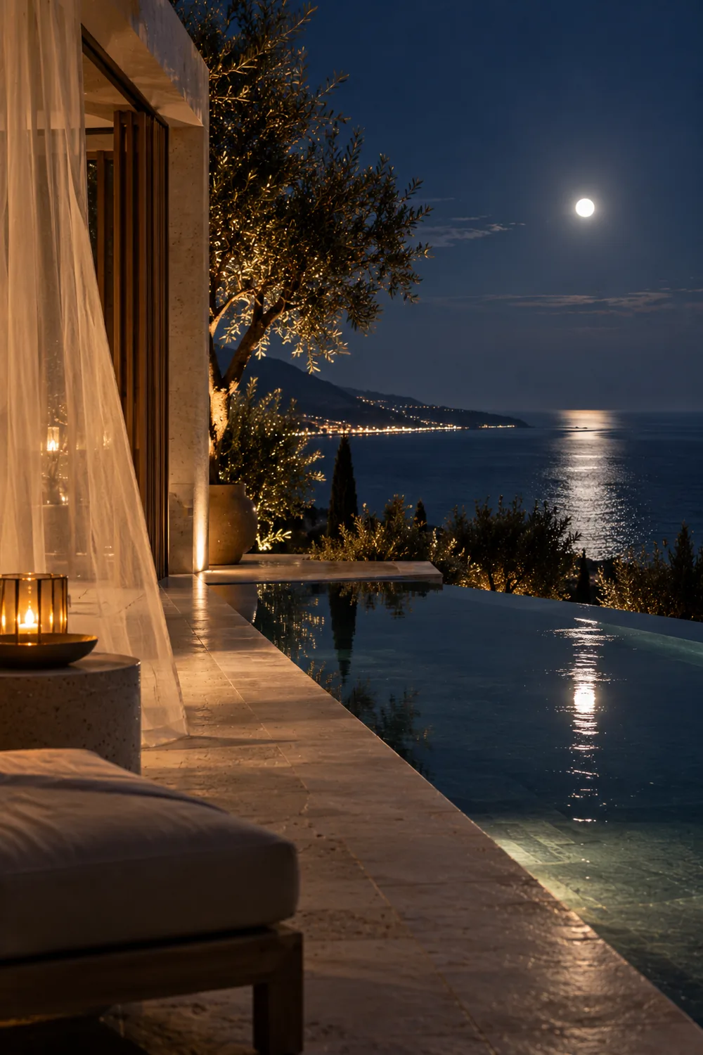 A moonlit terrace with sheer curtains, a lantern and the pool reflecting the moon.